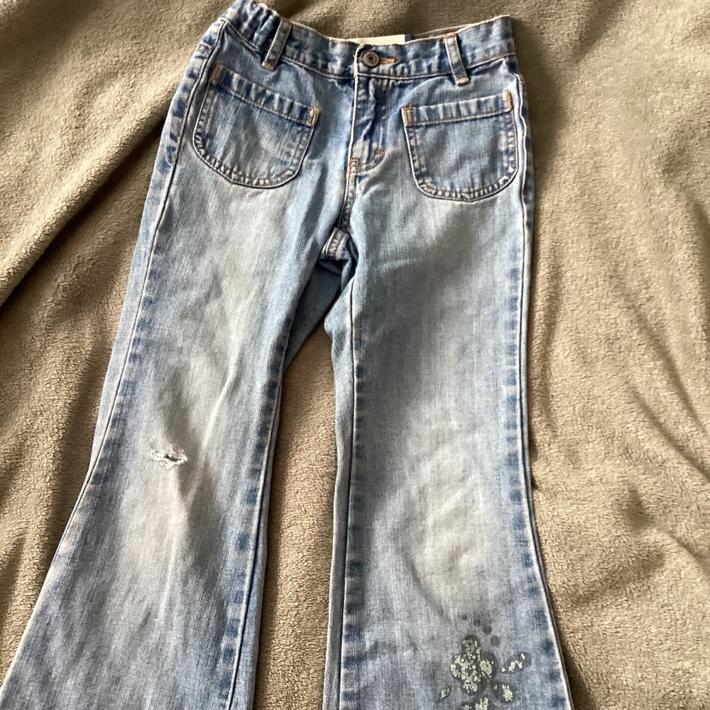 GAP Girl Distressed Flare Jeans Size 6 Slim Flower Adjustable